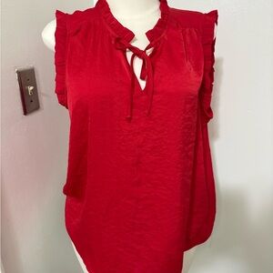 Red Ruffle Tie-Neck Sleeveless Blouse